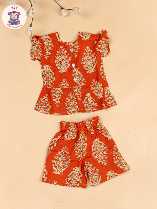Rust Orange & Cream  - Girls Floral Printed Co-ords Sets