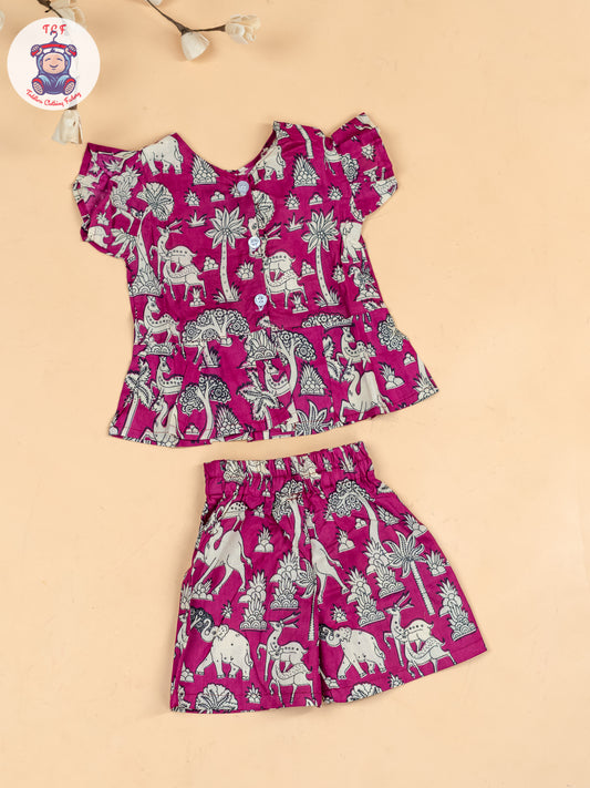 Light Pink & White  - Girls Kalamkari Printed Co-ords Sets