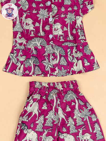 Light Pink & White  - Girls Kalamkari Printed Co-ords Sets
