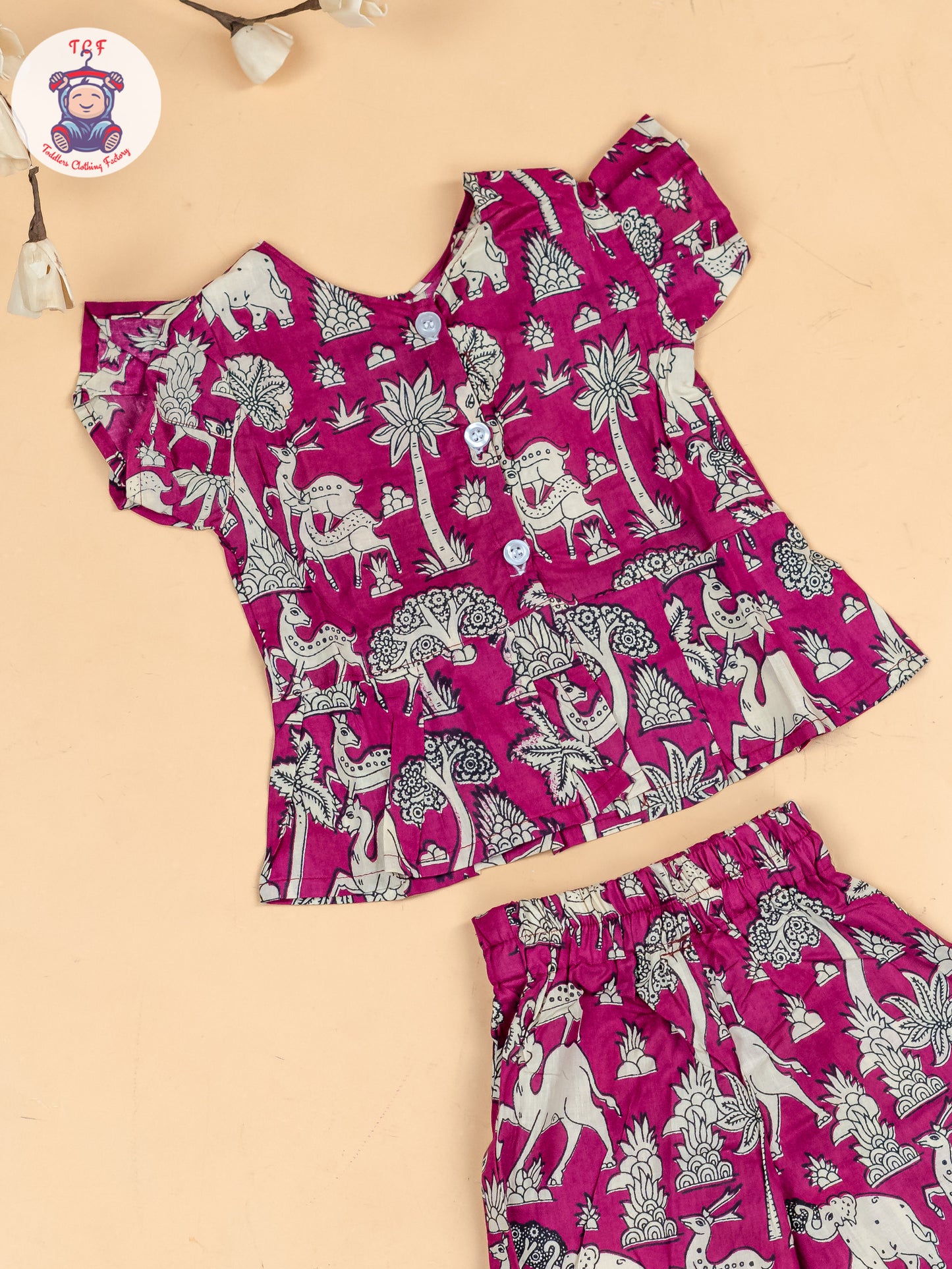 Light Pink & White  - Girls Kalamkari Printed Co-ords Sets