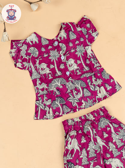 Light Pink & White  - Girls Kalamkari Printed Co-ords Sets
