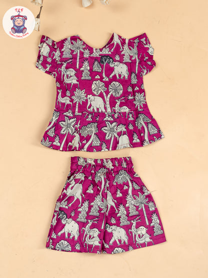 Light Pink & White  - Girls Kalamkari Printed Co-ords Sets