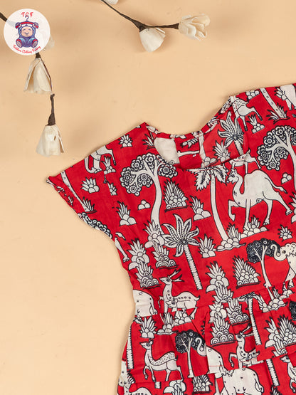 Red & White  - Girls Kalamkari Printed Co-ords Sets