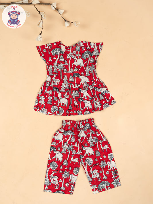 Red & White  - Girls Kalamkari Printed Co-ords Sets