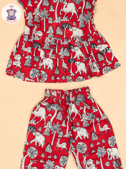 Red & White  - Girls Kalamkari Printed Co-ords Sets