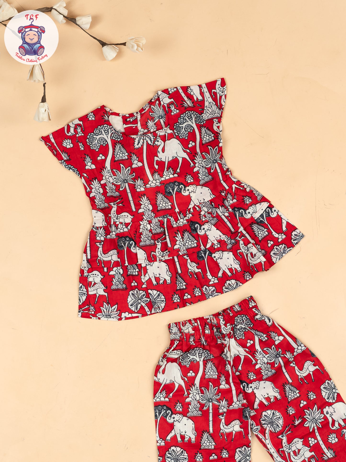 Red & White  - Girls Kalamkari Printed Co-ords Sets