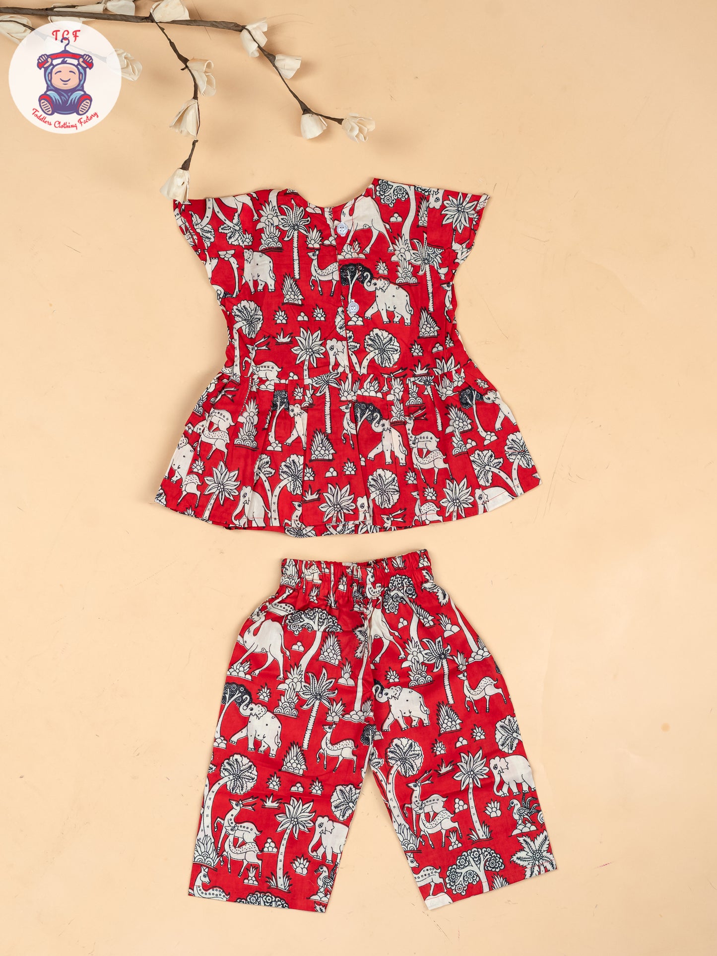 Red & White  - Girls Kalamkari Printed Co-ords Sets