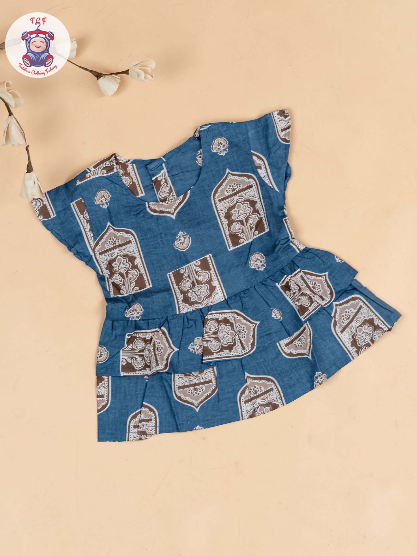 Light Blue & Brown - Girls Ajrakh Printed Co-ords Sets