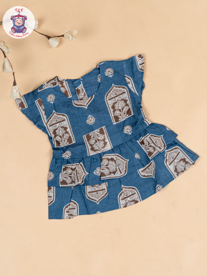 Light Blue & Brown - Girls Ajrakh Printed Co-ords Sets