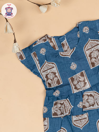Light Blue & Brown - Girls Ajrakh Printed Co-ords Sets