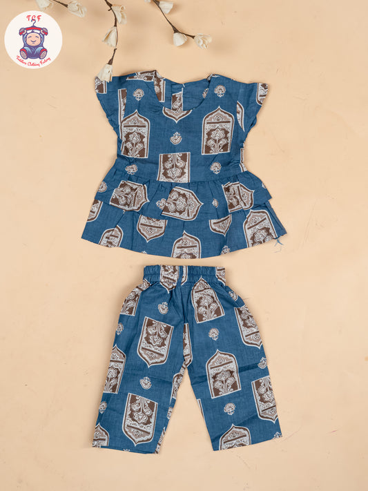 Light Blue & Brown - Girls Ajrakh Printed Co-ords Sets