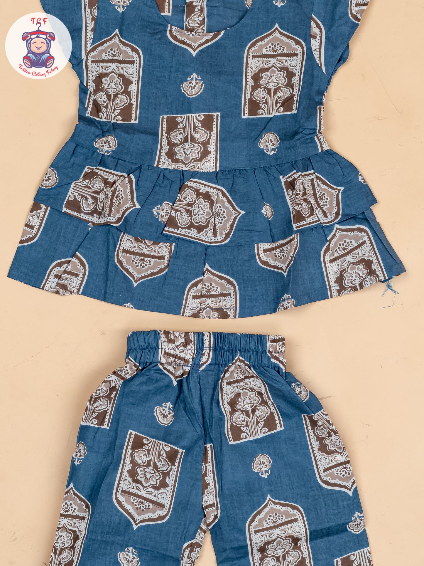 Light Blue & Brown - Girls Ajrakh Printed Co-ords Sets