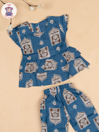 Light Blue & Brown - Girls Ajrakh Printed Co-ords Sets