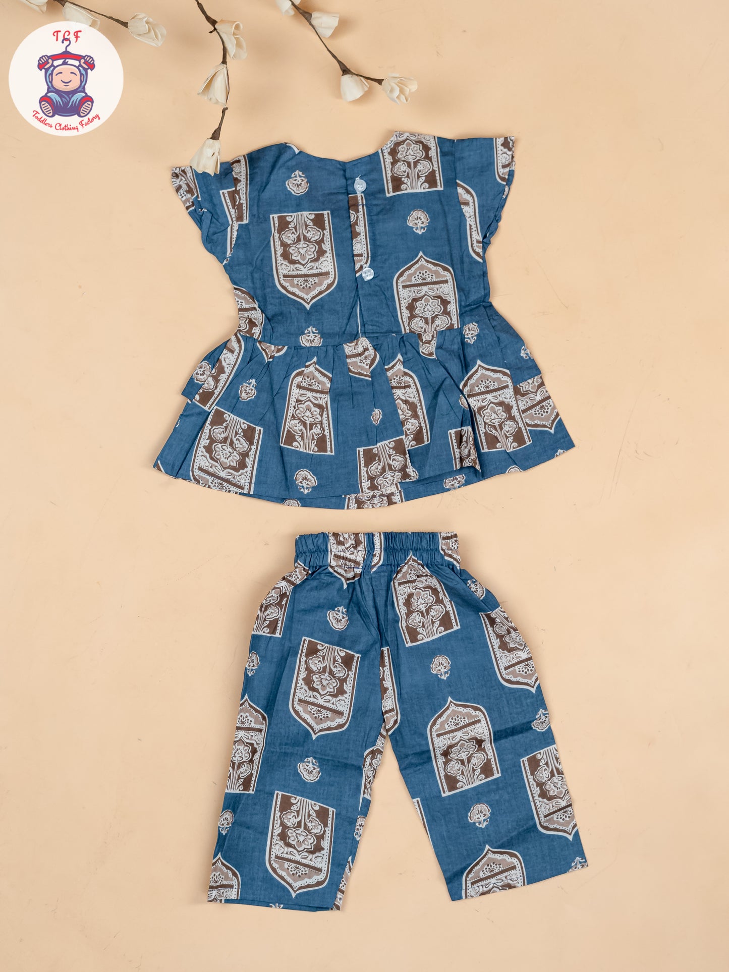 Light Blue & Brown - Girls Ajrakh Printed Co-ords Sets