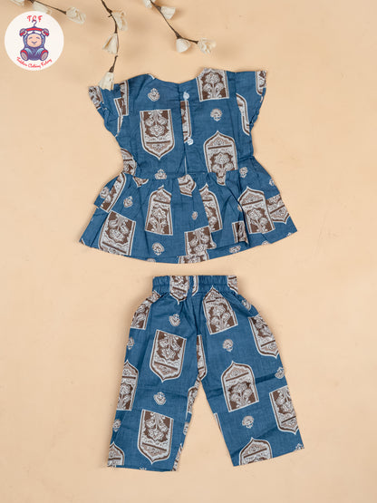 Light Blue & Brown - Girls Ajrakh Printed Co-ords Sets