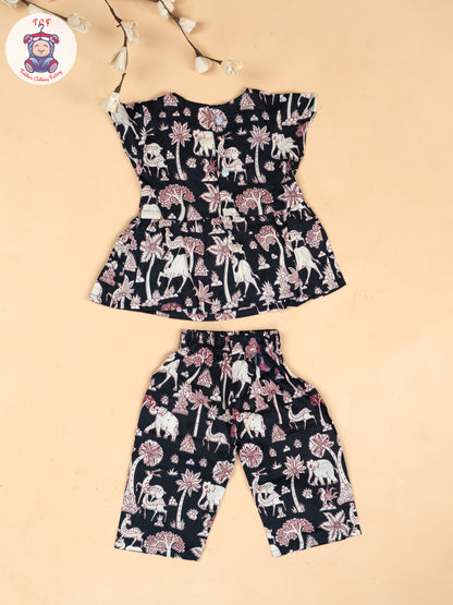 Black - Girls Kalamkari Printed Co-ords Sets