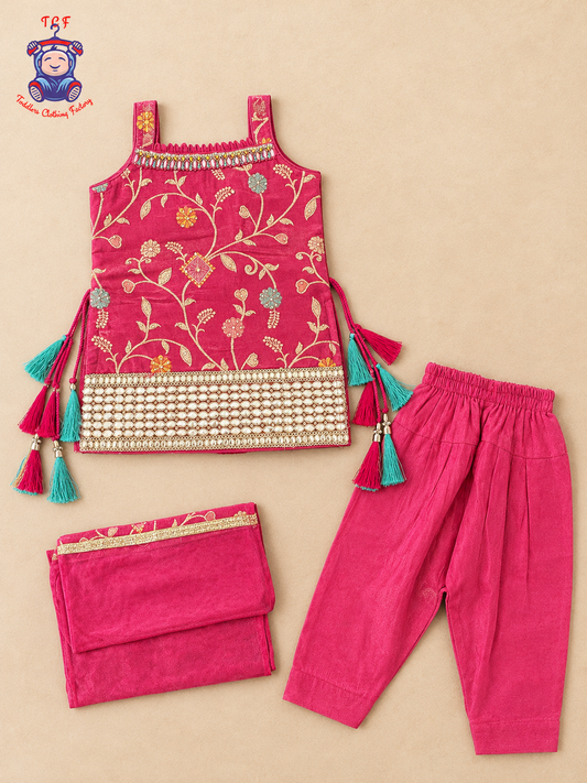 Pink - Zari Embroidered Dhoti Set with Dupatta