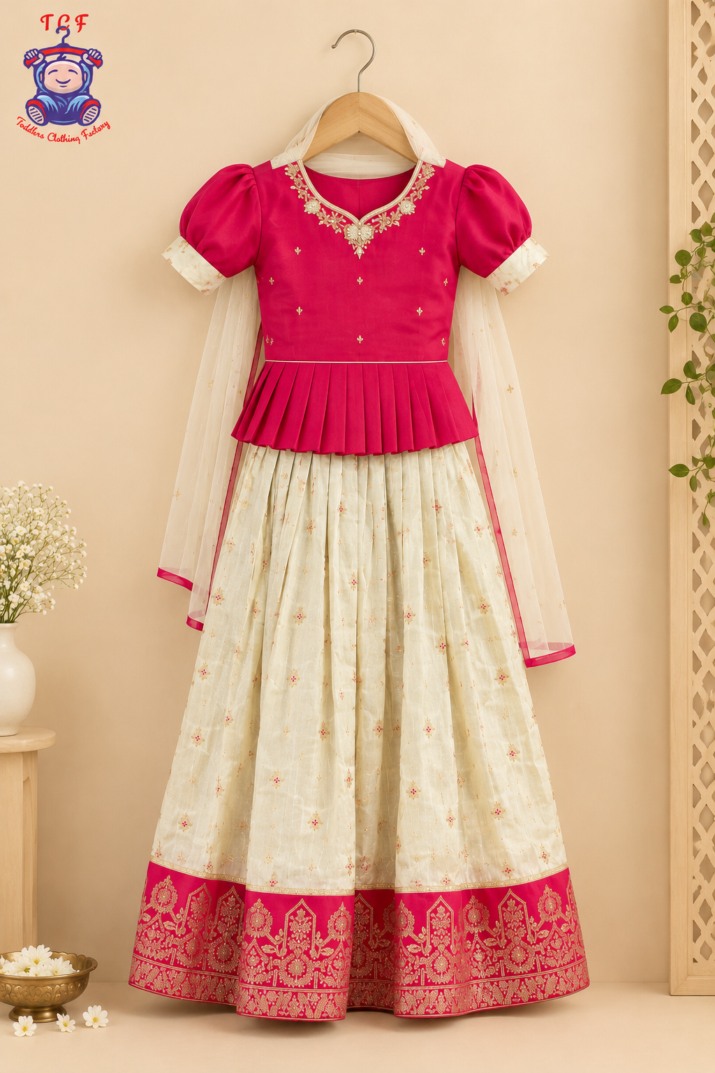 Pink & Floral Printed Lehenga Choli with Netted Dupatta – Girls Lehenga