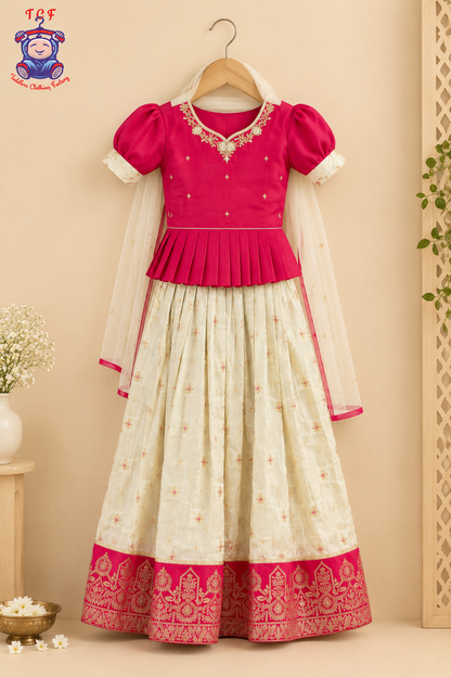 Pink & Floral Printed Lehenga Choli with Netted Dupatta – Girls Lehenga