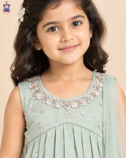 Mint Blossom Elegance – Girls’ Embroidered Palazzo Set