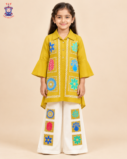 Golden Bloom – Girls’ Printed Kurta & Palazzo Set