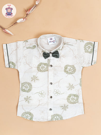 Cream & Green - Half Sleeves Shirts & Shorts Set With Suspender & Bow