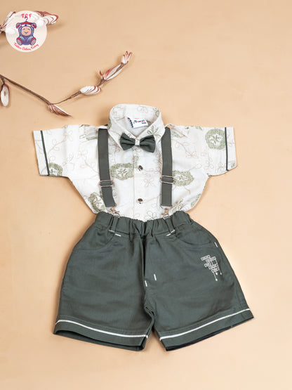 Cream & Green - Half Sleeves Shirts & Shorts Set With Suspender & Bow