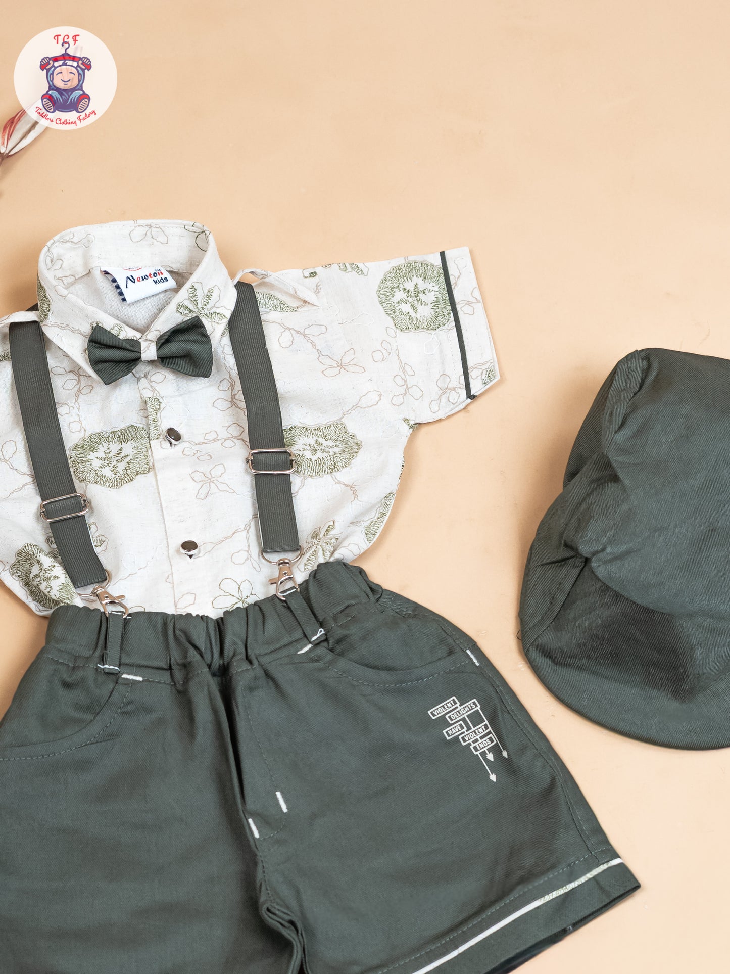 Cream & Green - Half Sleeves Shirts & Shorts Set With Suspender & Bow