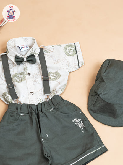 Cream & Green - Half Sleeves Shirts & Shorts Set With Suspender & Bow