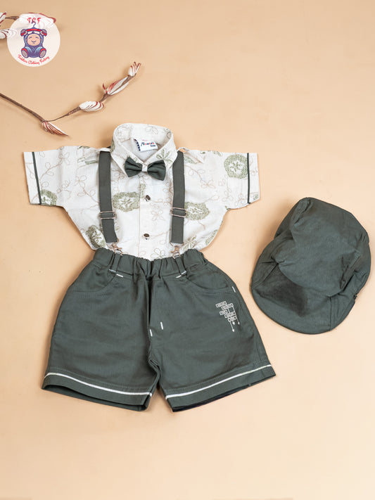 Cream & Green - Half Sleeves Shirts & Shorts Set With Suspender & Bow