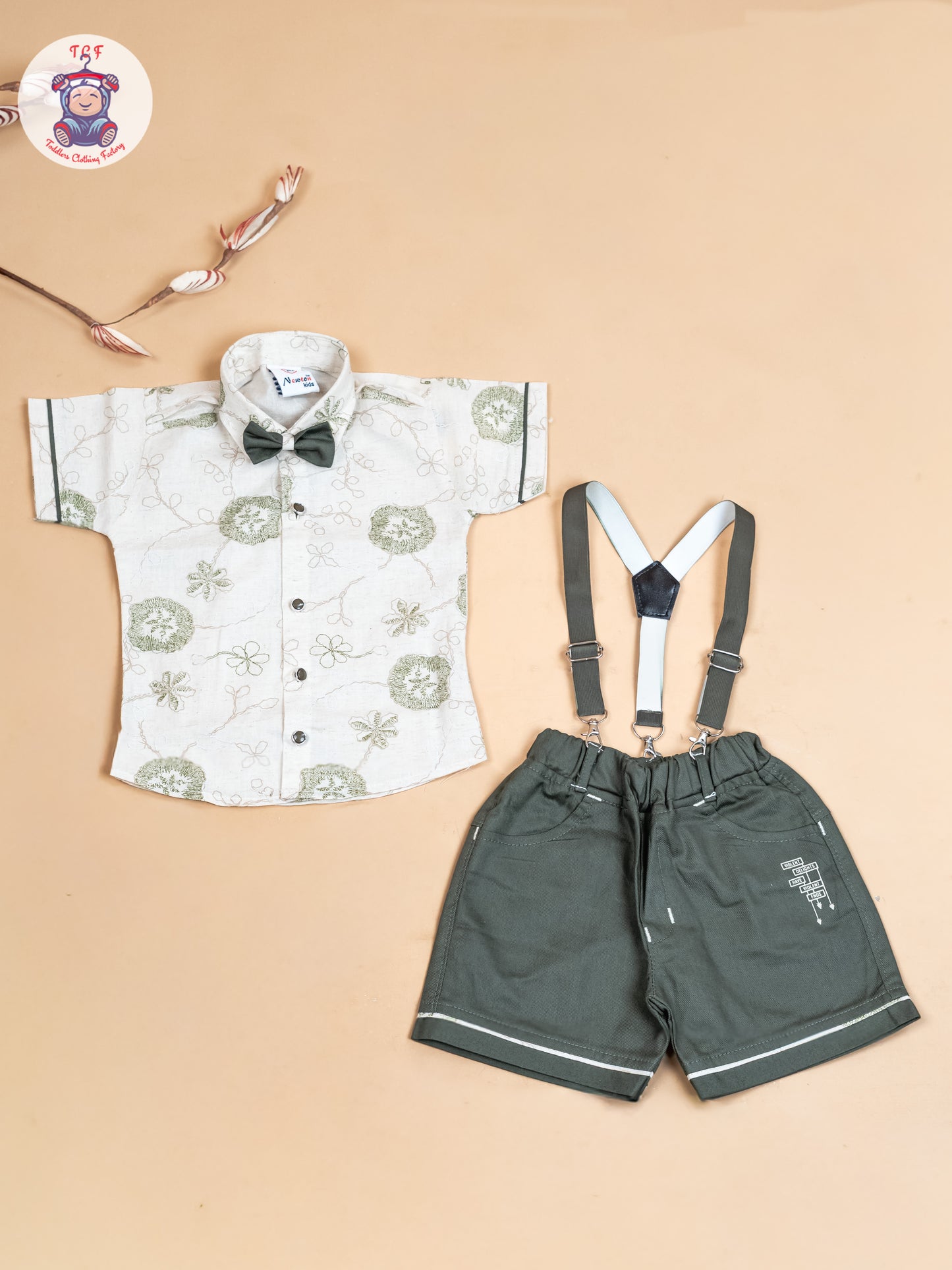 Cream & Green - Half Sleeves Shirts & Shorts Set With Suspender & Bow