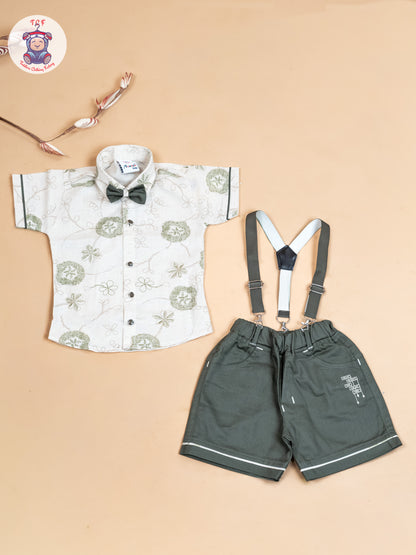 Cream & Green - Half Sleeves Shirts & Shorts Set With Suspender & Bow