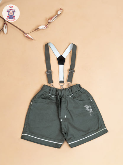Cream & Green - Half Sleeves Shirts & Shorts Set With Suspender & Bow