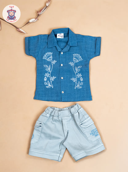 Blue & Grey - Boys Readymade Cotton Shirts & Shorts