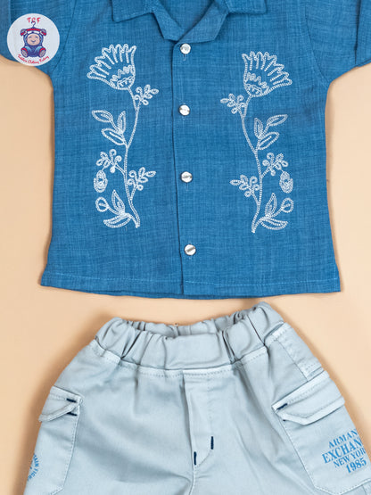 Blue & Grey - Boys Readymade Cotton Shirts & Shorts