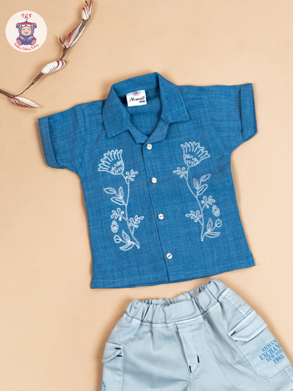 Blue & Grey - Boys Readymade Cotton Shirts & Shorts