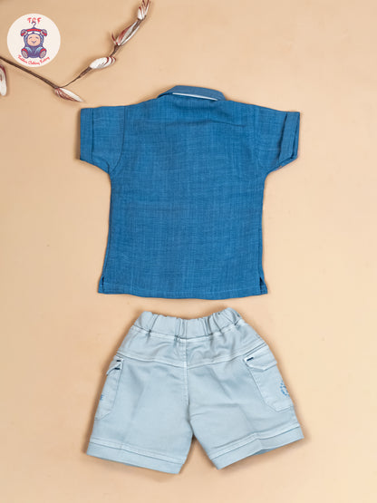Blue & Grey - Boys Readymade Cotton Shirts & Shorts