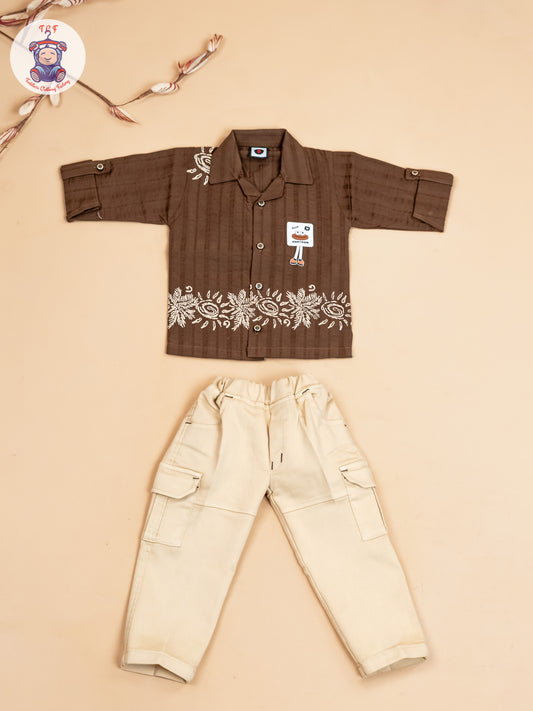 Brown & Beige - Boys Readymade Cotton Shirts & Pant