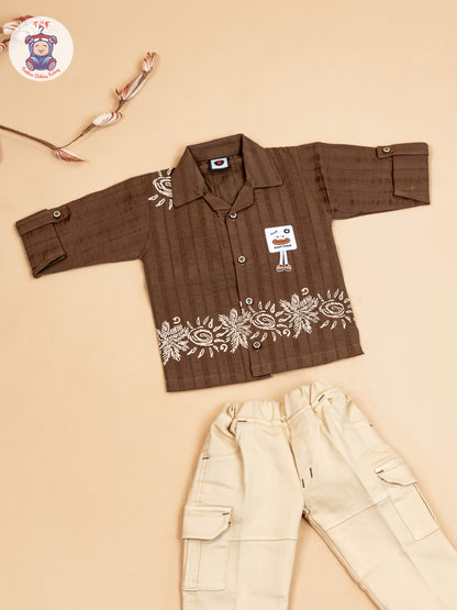 Brown & Beige - Boys Readymade Cotton Shirts & Pant