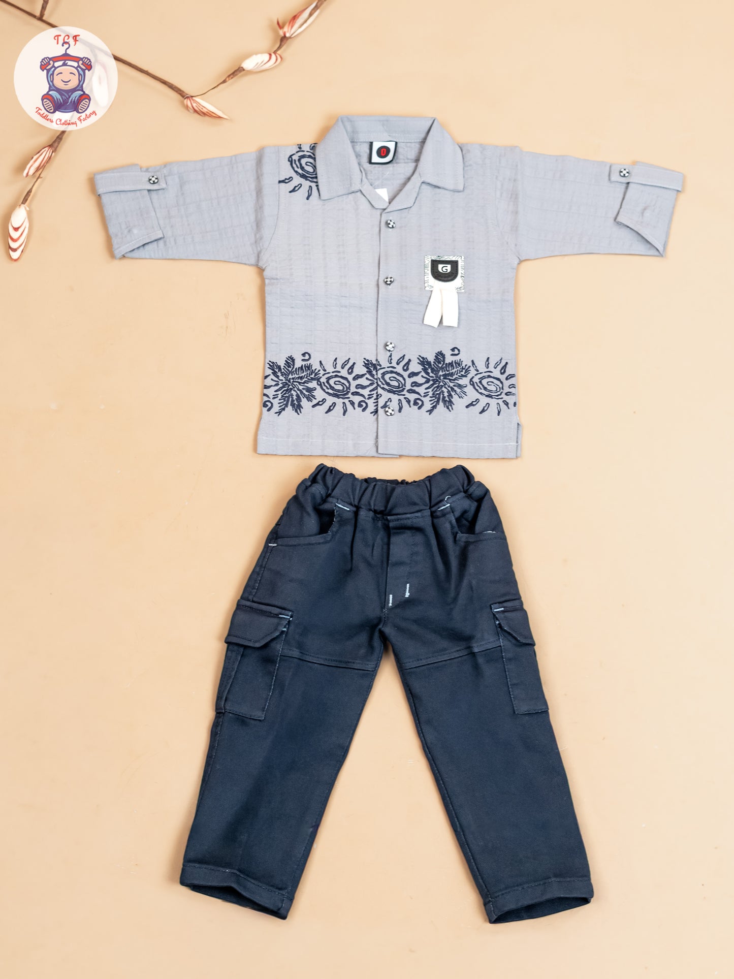 Grey & Navy Blue -Boys Readymade Cotton Shirts & Pant