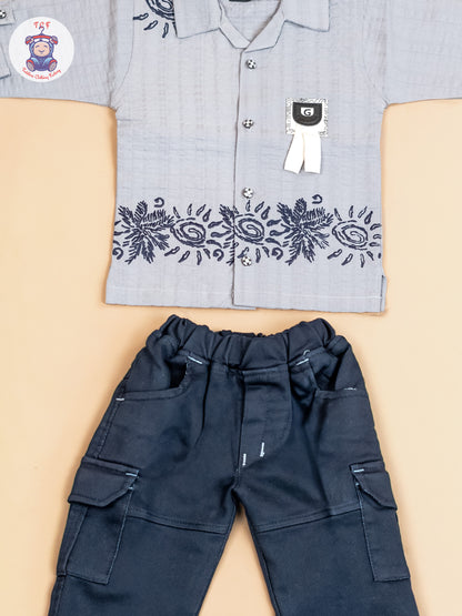 Grey & Navy Blue -Boys Readymade Cotton Shirts & Pant