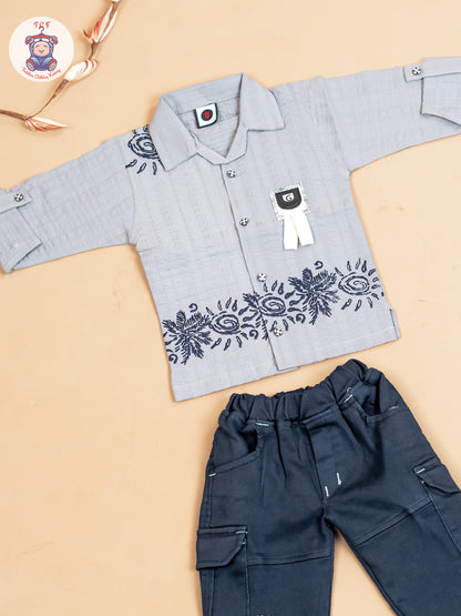 Grey & Navy Blue -Boys Readymade Cotton Shirts & Pant