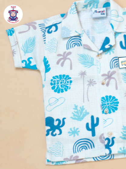 Cream & Blue - Boys Readymade Cotton Shirts & Shorts