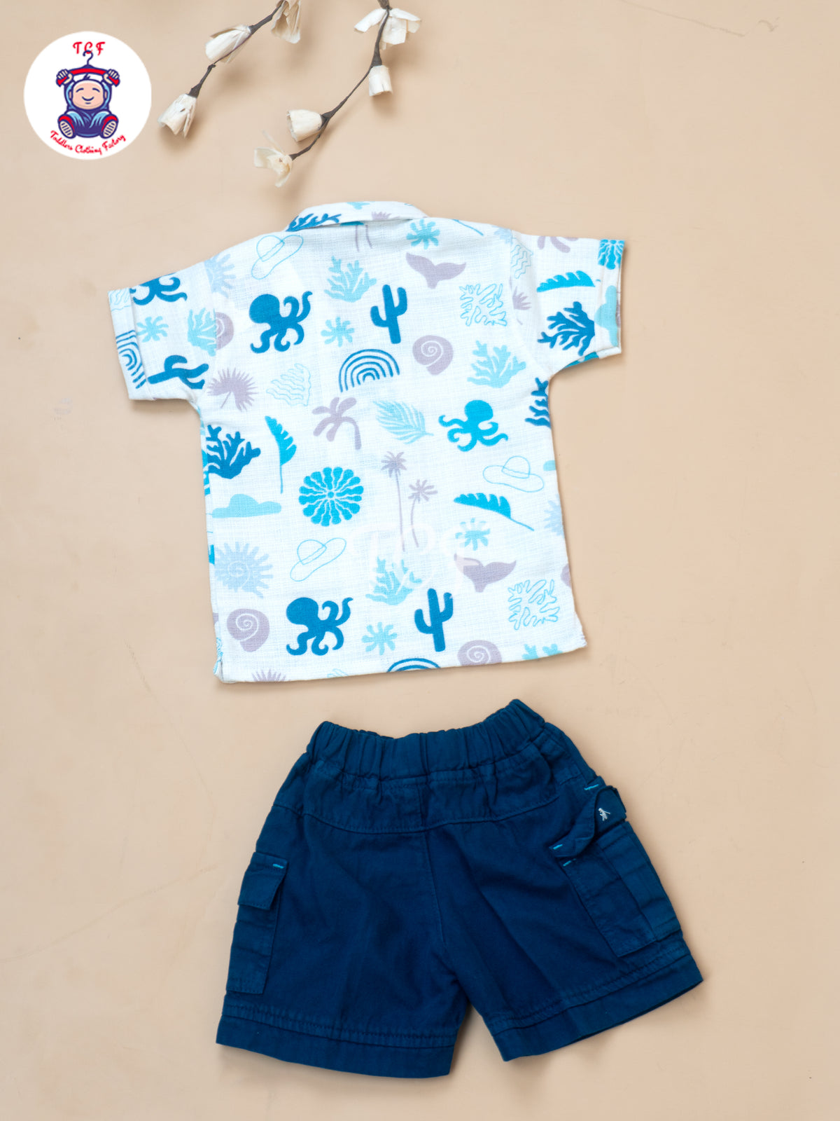 Cream & Blue - Boys Readymade Cotton Shirts & Shorts