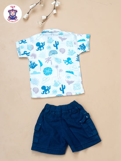 Cream & Blue - Boys Readymade Cotton Shirts & Shorts