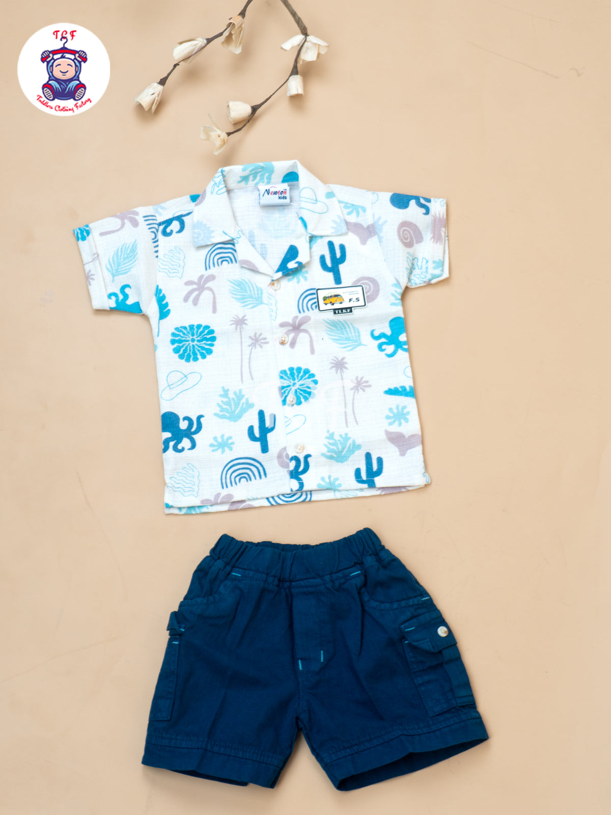 Cream & Blue - Boys Readymade Cotton Shirts & Shorts