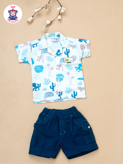 Cream & Blue - Boys Readymade Cotton Shirts & Shorts