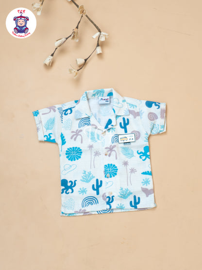 Cream & Blue - Boys Readymade Cotton Shirts & Shorts