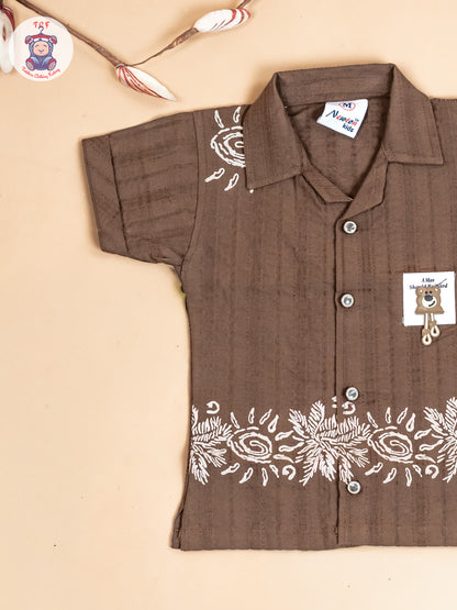 Coffee Brown & Beige - Boys Readymade Cotton Shirts & Shorts