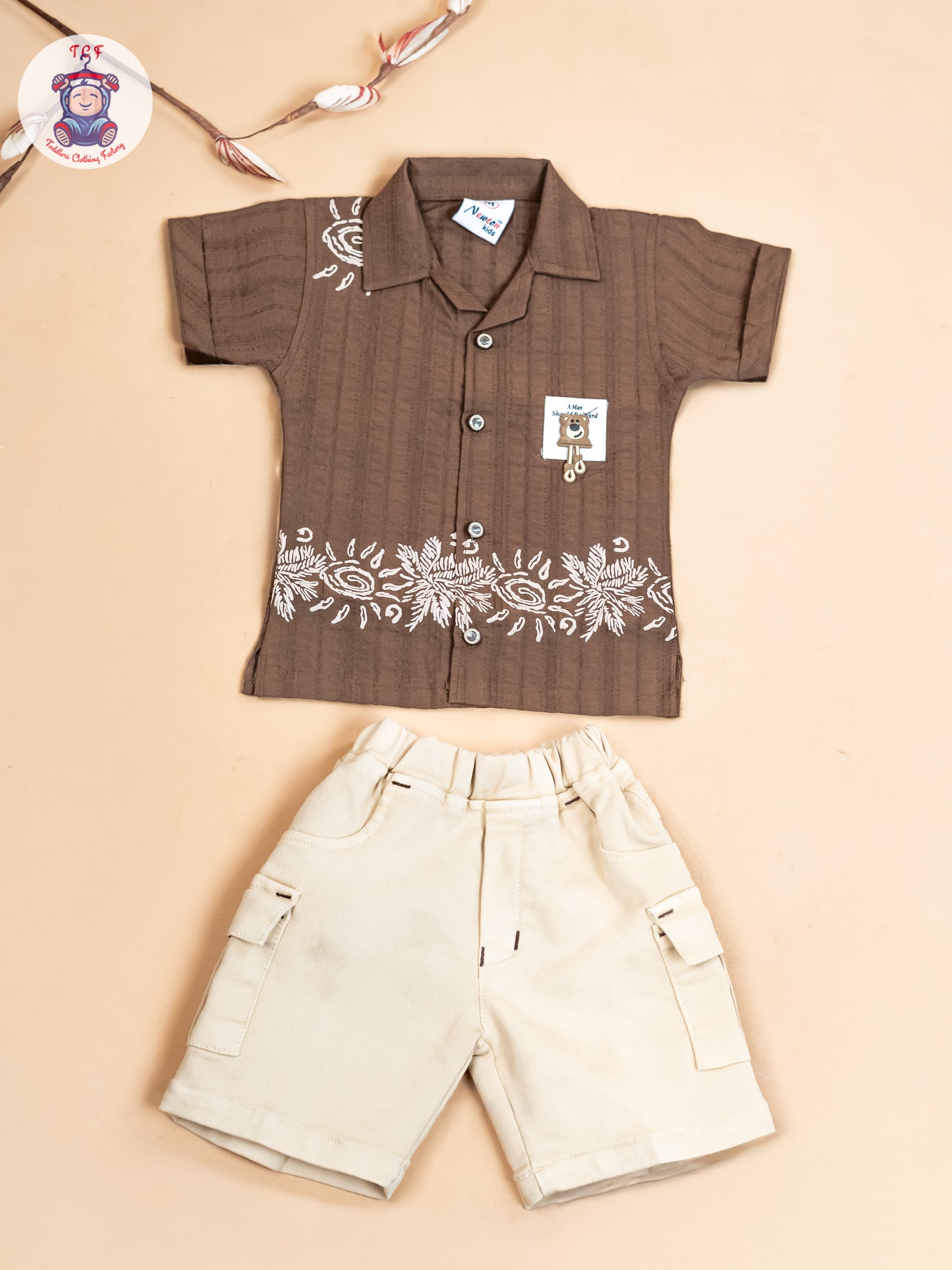 Coffee Brown & Beige - Boys Readymade Cotton Shirts & Shorts